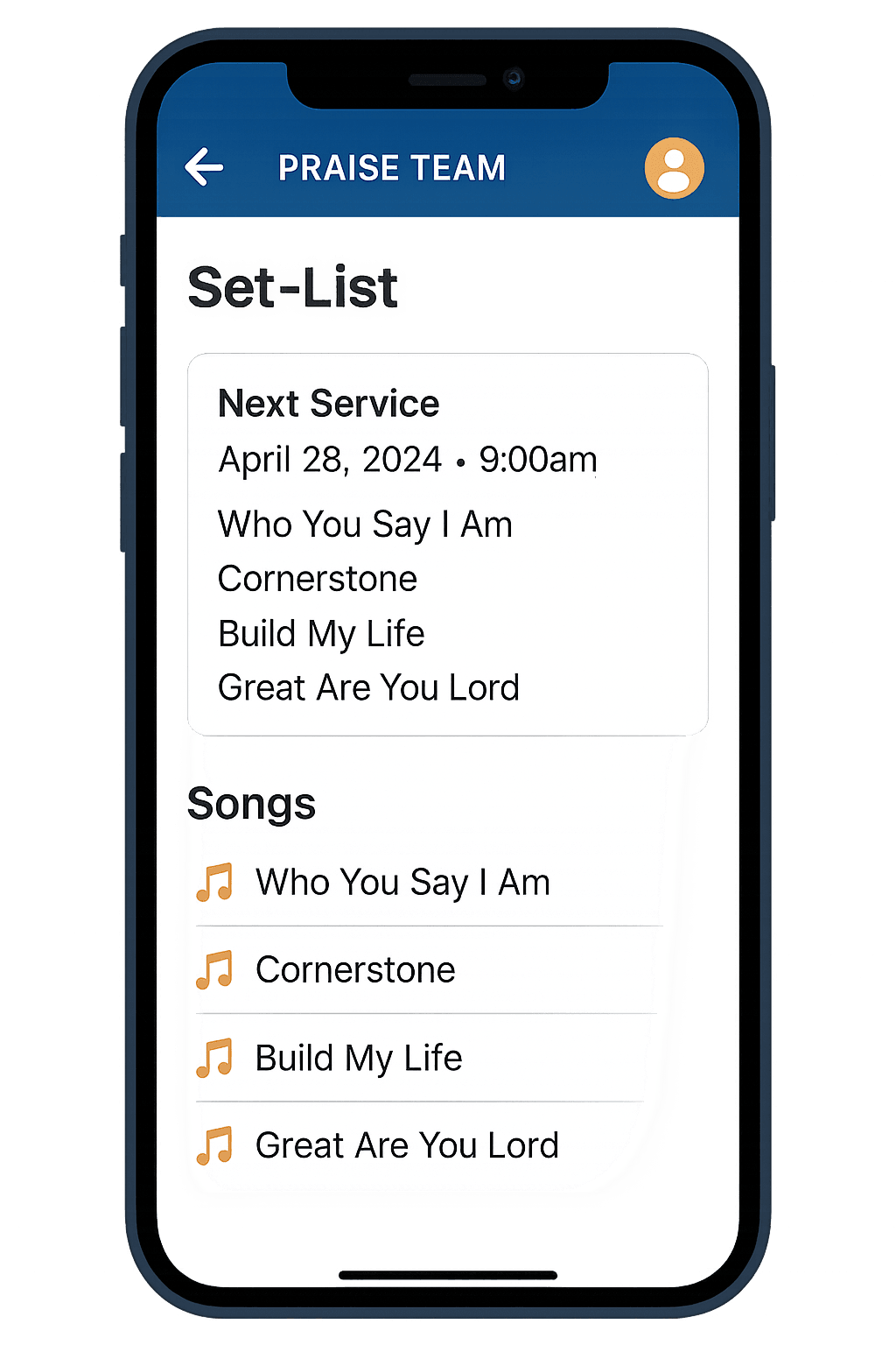 Weekly Set-List screen