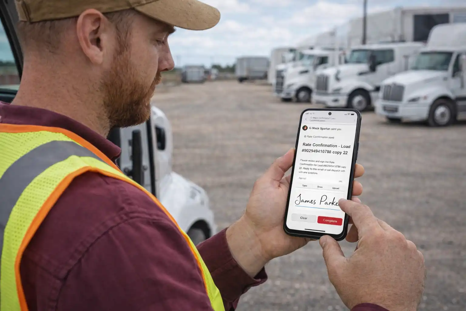 Driver digitally signing ratecon on mobile phone