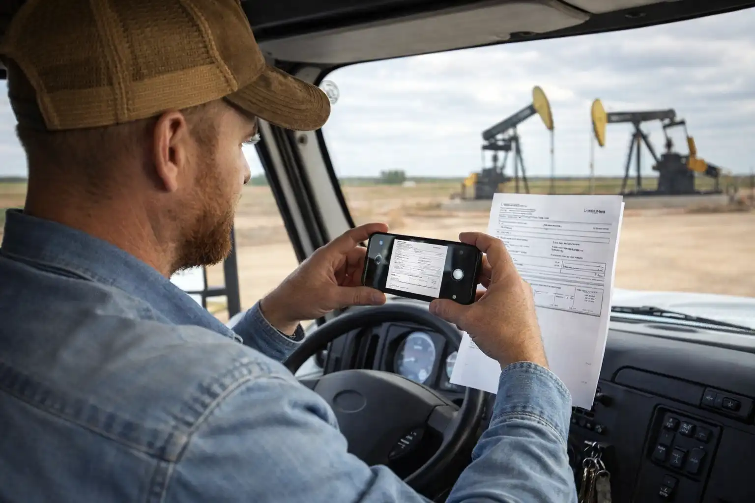 Driver taking BOL photo in cab
